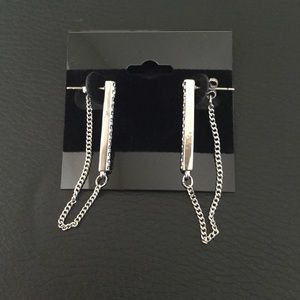 Bar W/ CZ and Chain Silvertone Earrings